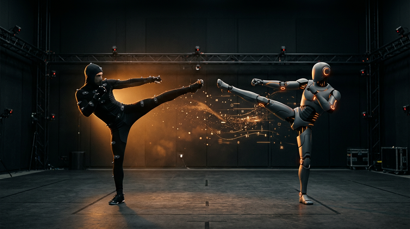 Human martial artist in motion-capture suit with a humanoid robot mirroring the identical strike pose — skill transfer concept