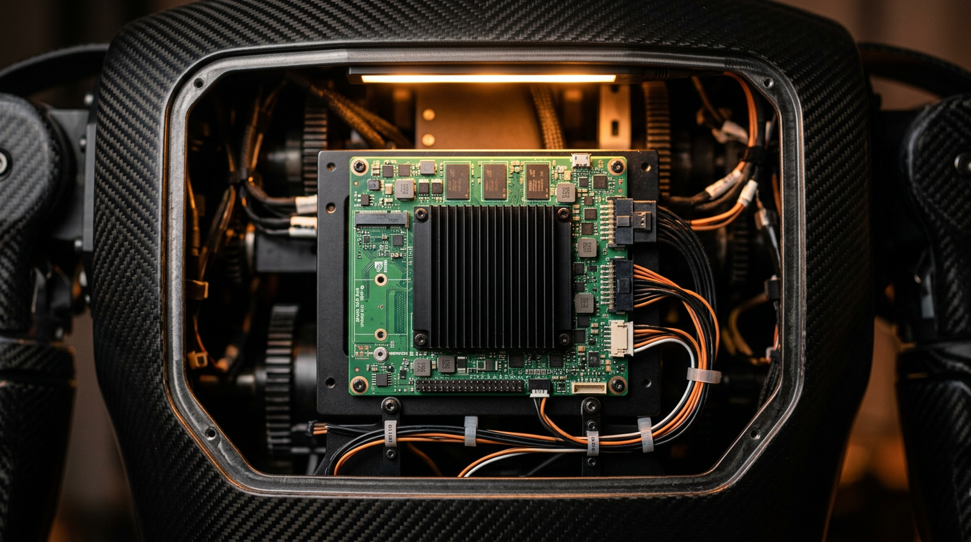 NVIDIA Jetson AGX Orin module mounted inside a humanoid robot's carbon-fibre compute bay