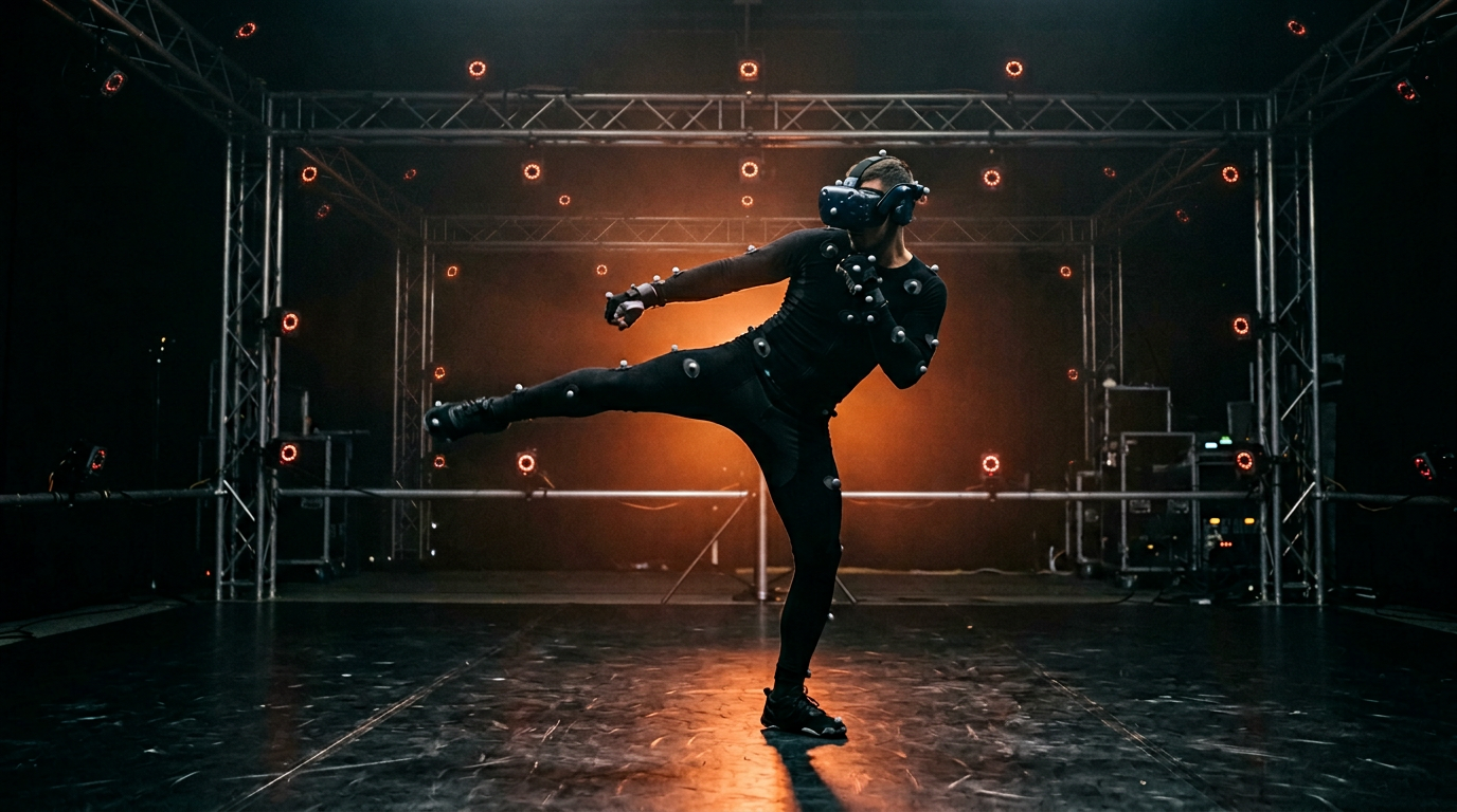 Human expert in VR motion capture suit recording martial arts skill for robot training